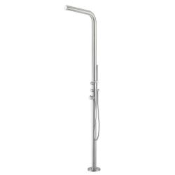Sined Budoni outdoor shower in satin stainless steel Garden shower with hot and cold water inlet Mixer and hand shower Body and accessories in stainless steel AISI 316L with shaft diameter 6 cm. Concealed connections in the base.