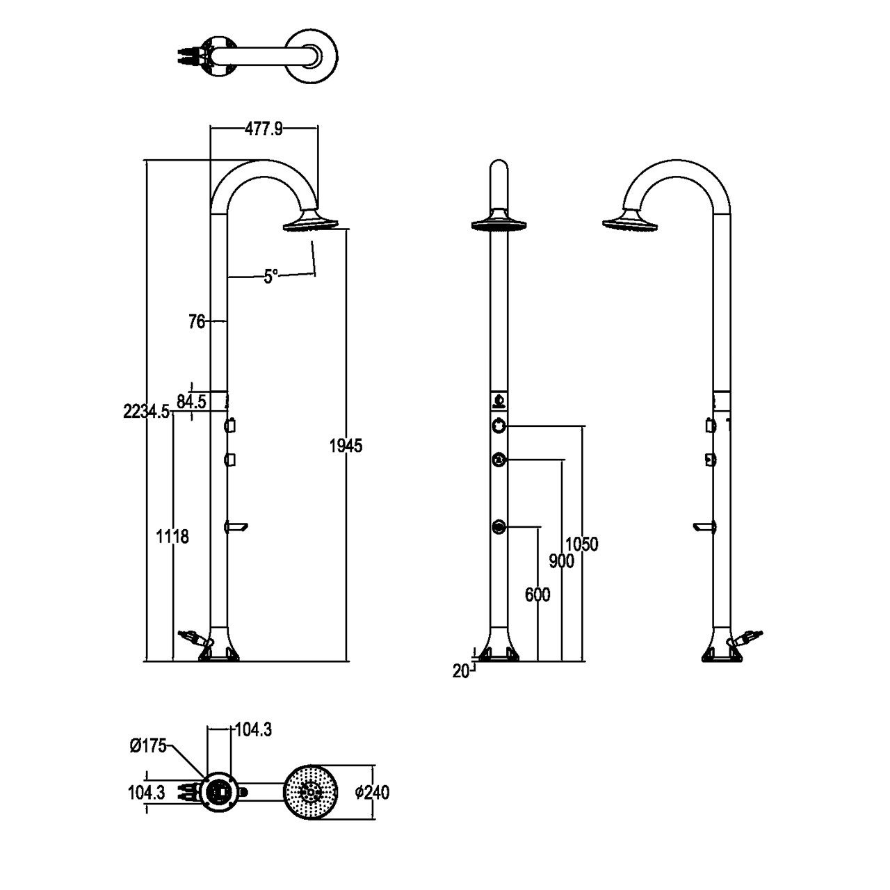 Black Shower Head 3 Jets Led 