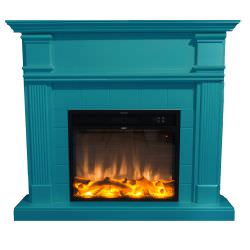 Electric Fireplace complete with electric insert 1500 w super realisitc flame effect and turquoise blue MDF wood cornce. Remote control included, only flame effect can be used. Suitable for all rooms in home or office.