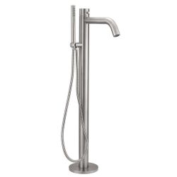 Mini piantana acciaio inox per esterno vasca con doccetta. Valvola a tre vie che permette la miscelazione sia del soffione che del doccino mobile. Doccia con ingresso acqua calda e fredda. In acciaio di ottima qualit inox 316L. Uso interno e esterno