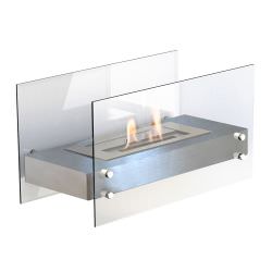 Falun Silver Bioethanol table top fireplace in steel and glass Table top fireplace with 1 litre tank Safety burner also suitable for outdoor use Measurements 60 x 30 x 35 cm