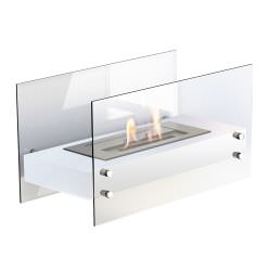 Bioethanol Falun White powder coated steel and glass Table top fireplace with 1 liter tank Safety burner also suitable for outdoor use Measurements 60 x 30 x 35 cm