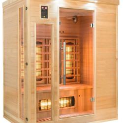 Infrared sauna Apollon 3 places Spruce Canadian structure 6 emitters Quartz Full Spectrum and 1 emitter Carbon Bench 45 cm Indoor sauna with Radio MP3 and LED Chromotherapy Power 2025W Temperature 18-60 degrees LxWxH 153x128x190 cm