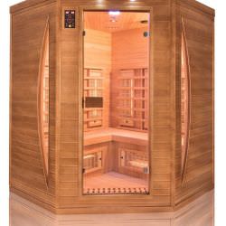 Spectra 3-seater corner infrared sauna with 9 emitters in Dual Healthy infrared technology Full Spectrum Quartz and Magnesium Structure in Canadian Spruce and tempered glass Digital control panel Audio MP3 FM Power 2580W