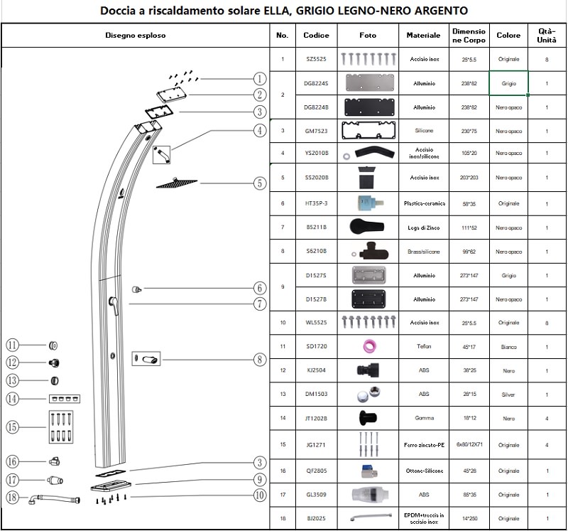 Ricambi e accessori per doccia solare ELLA