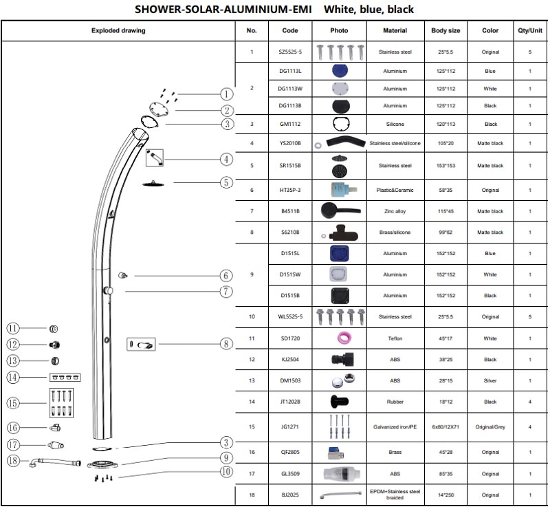 Spare parts for solar shower model EMI