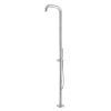 Doccia Per Esterni Sassari In Acciaio Inox Satinato Doccia Da Giardino Sined Con Ingresso Acqua Calda e Fredda Miscelatore e Doccino a Mano Corpo e Accessori In Acciaio Inox Marino Aisi 316l Con Fusto Diametro 6 Cm Attacchi Acqua a Scomparsa.