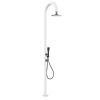 White Aluminum Sined Shower. Hot And Cold Water With Square I-switch Shower Head Lcd Thermometer And Hand Shower. Double Water Connection, Bottom And Side. Can Be Placed Outside Or Inside The House. Super Equipped, For Outdoors And Home.
