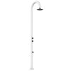 White Aluminum Timed Shower. Dispenses Cold Water Only, With Flow Regulating Mixer And Foot Wash. Dual Water Connection, Under And Side On Single Inner Hose. For Indoor And Outdoor Use. Intensive Use And Great Water Saving.