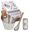 Poolstar Harvia Sauna accessory kit consisting of a stainless steel bucket and ladle and a thermometer with hygrometer.
